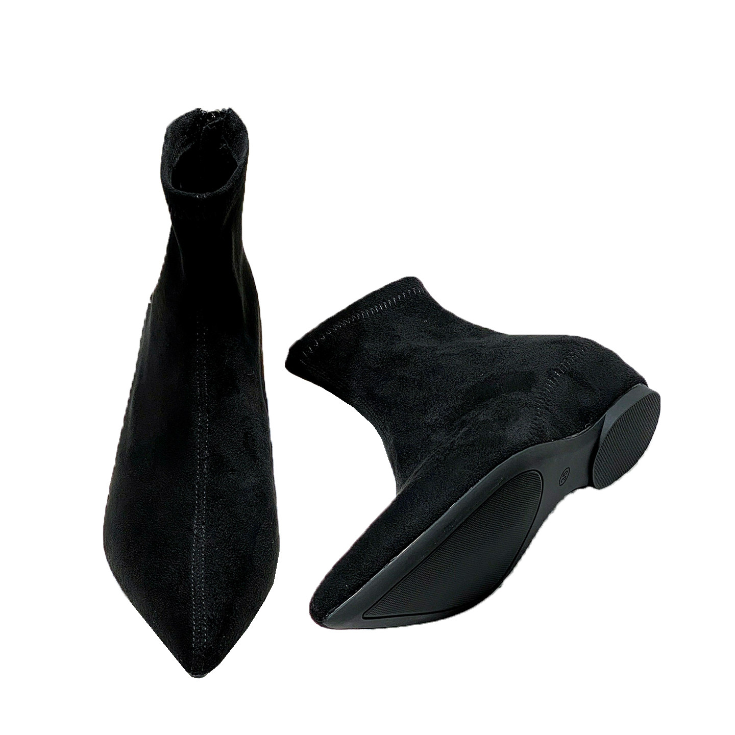 法式尖头低跟短靴女2025年冬季新款黑色绒面尖头拉链弹力靴瘦瘦靴,淘宝优惠券,粉丝福利购,淘宝优惠卷