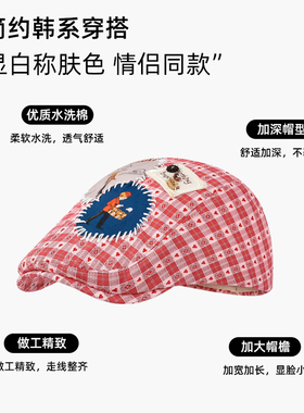日系复古红格子秋季薄款鸭舌帽