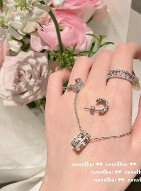 塞纳河畔满天星宝石戒指 晨露水滴 镀18K金音符露珠锆石耳环 套装