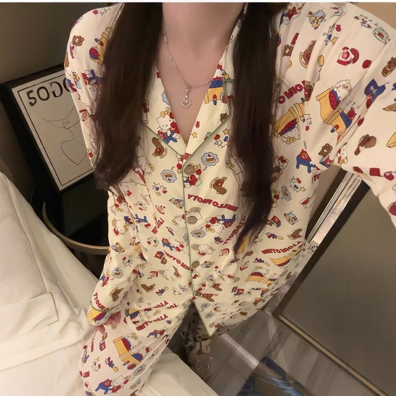 卡通KT猫印花睡衣女春秋款2024年新款长袖可爱学生少女家居服套装,淘宝优惠券,粉丝福利购,淘宝优惠卷