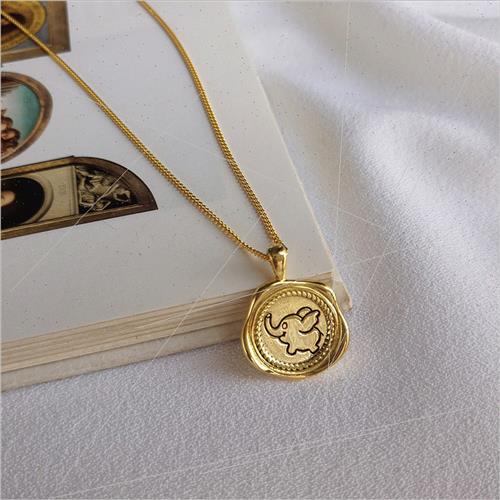 925 Silver Plaque Coin Pendant Europe ins Gold Cartoon Eleph-图0