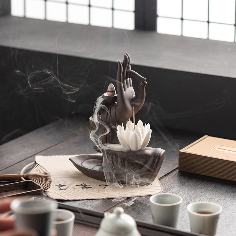 新中式紫砂倒流香炉室内家用香炉禅意佛手莲花摆件香座香插熏香炉,淘宝优惠券,粉丝福利购,淘宝优惠卷