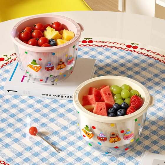 Cartoon sticker for drain basket with fruit fork, household model to separate food residues, filter basket for fruit cleaning, filter basket