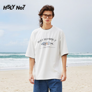 H5LY NO7 ocean straw fish print ຄໍຮອບຄູ່ເສື້ອທີເຊີດແຂນສັ້ນຂອງຜູ້ຊາຍແລະແມ່ຍິງ