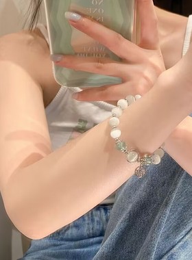 国潮新中式福牌串珠手链女夏小众设计气质仿猫眼石闺蜜珠子手串