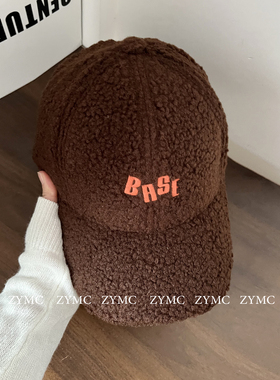 韩版秋冬季羊羔毛加厚保暖刺绣字母棒球帽女宽檐显脸小百搭鸭舌帽