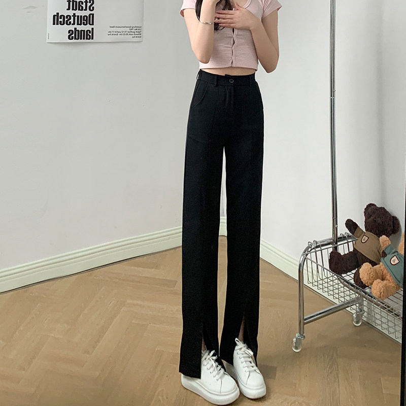黑色开叉衩春秋夏直筒高腰阔腿裤 含琪休闲裤