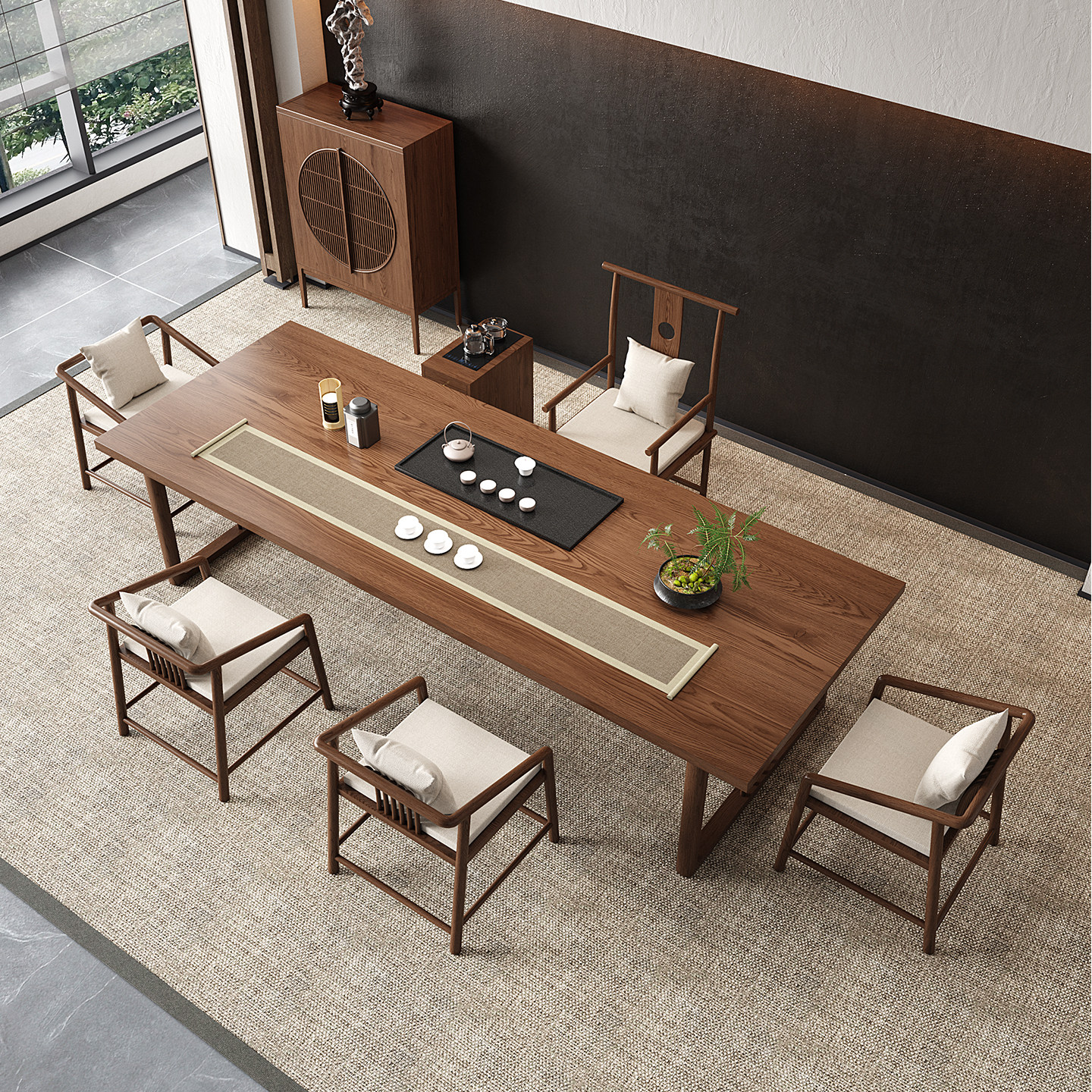 新中式简约实木茶桌椅组合办公家用禅意茶室大板干泡茶台一桌五椅,淘宝优惠券,粉丝福利购,淘宝优惠卷