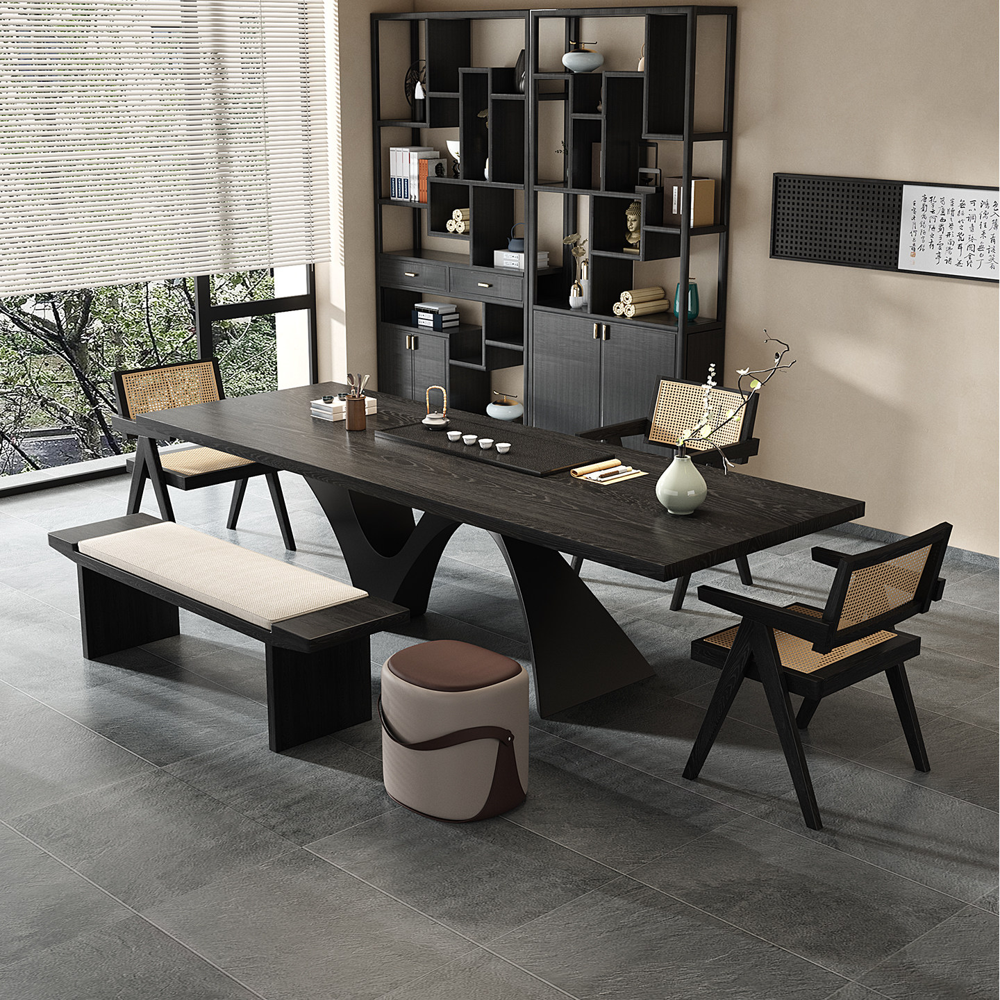 宋代美学黑色实木茶台茶桌喝茶办公桌一体两用新中式高端2025新款,淘宝优惠券,粉丝福利购,淘宝优惠卷