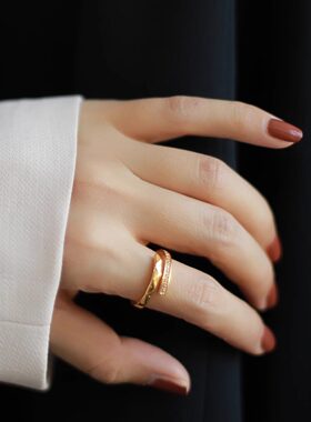 小众轻奢金色锆石开口女士戒指女