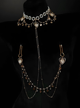 灼欲*西域风情珍珠爱心项链项圈R夹套装性感腰链身体链可拆卸饰品