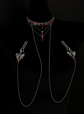 灼欲*原创暗黑哥特风万圣节镶钻蝙蝠吊坠项圈身体链性感R夹子胸链