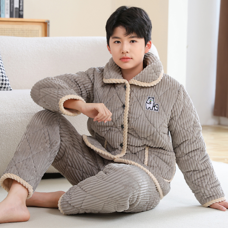冬季青少年三层加厚夹棉睡衣法兰绒家居服男童男孩大童珊瑚绒套装