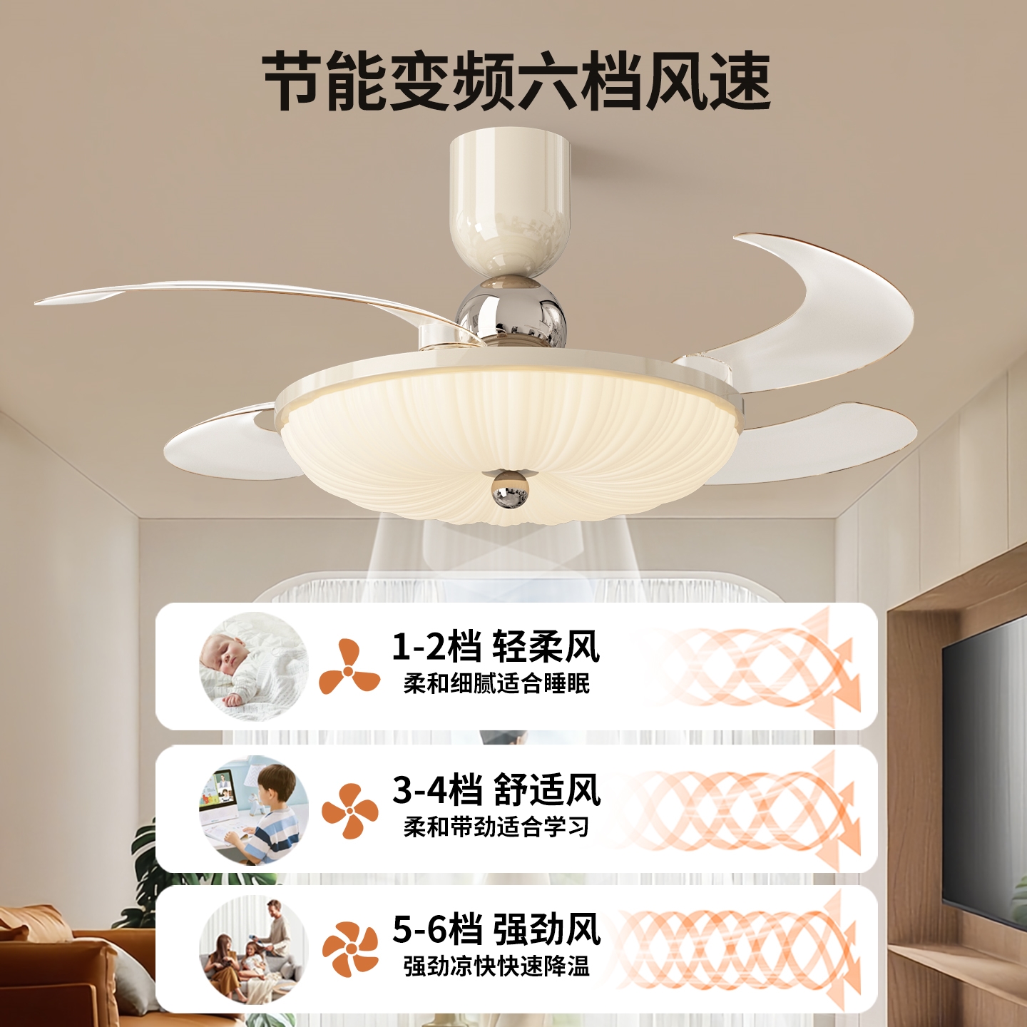 卧室灯风扇灯奶油风餐厅吊灯法式灯412U中古电扇灯隐形吊扇灯吸顶 - 图2