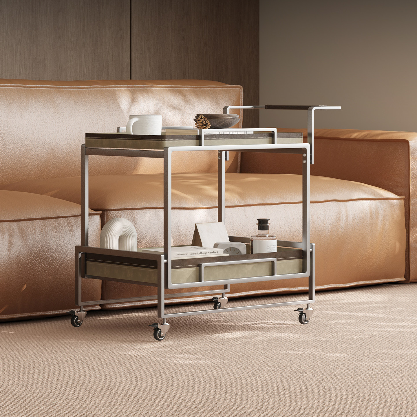 意式极简马鞍皮边几带轮轻奢高级感客厅家用沙发侧边小茶几置物架,淘宝优惠券,粉丝福利购,淘宝优惠卷