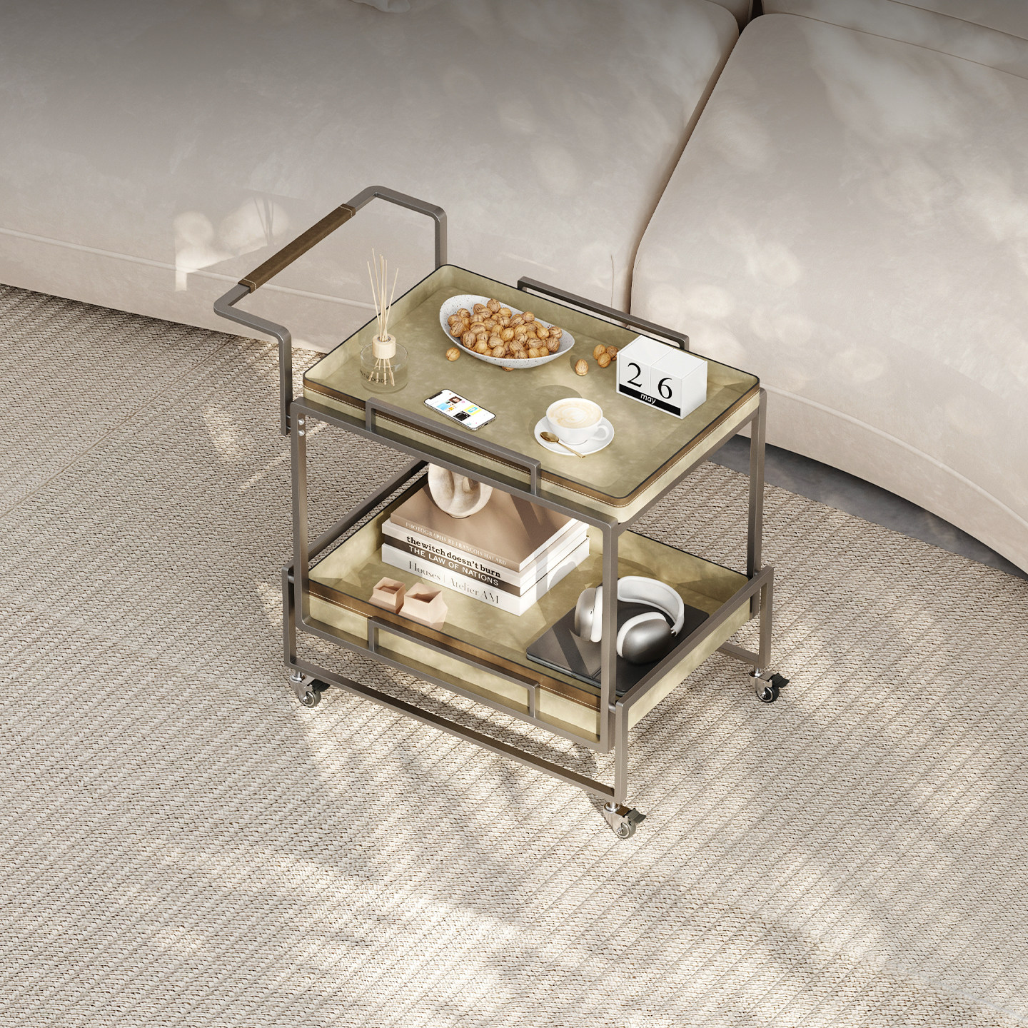 意式极简马鞍皮边几带轮轻奢高级感客厅家用沙发侧边小茶几置物架,淘宝优惠券,粉丝福利购,淘宝优惠卷