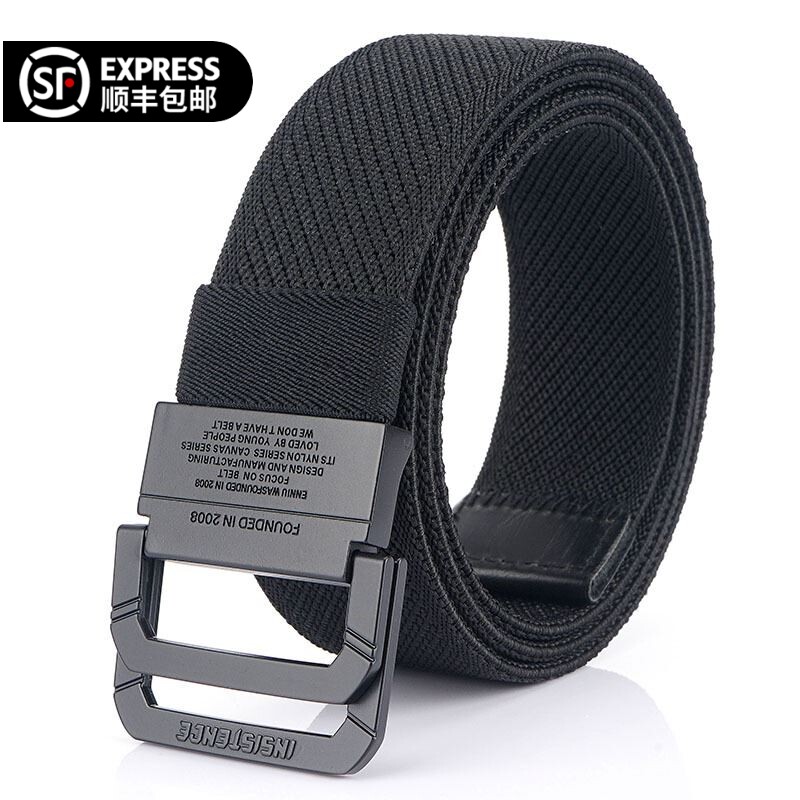 无印MUI日本男士松紧弹力帆布皮带黑色平滑双环扣裤带年轻人腰带
