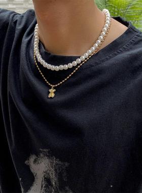 Fashion Imitation Pearls Chokers Necklace For Men Punk Bear
