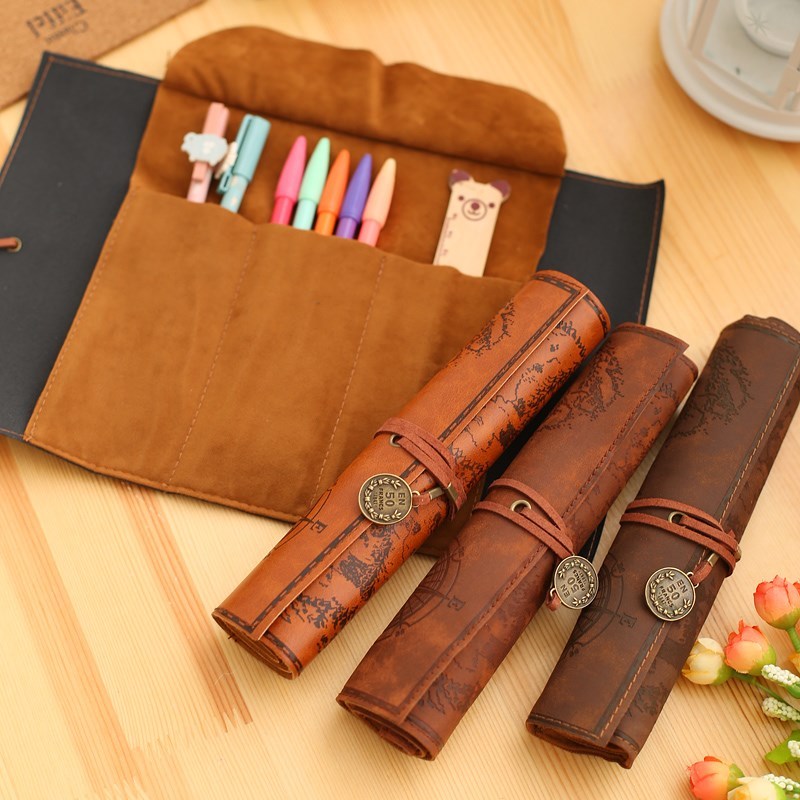 Vintage Retro Treasure Map Pencil Cases Luxury Roll Leather - 图0