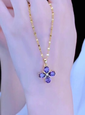 紫水晶锆石四叶花吊坠轻奢项链