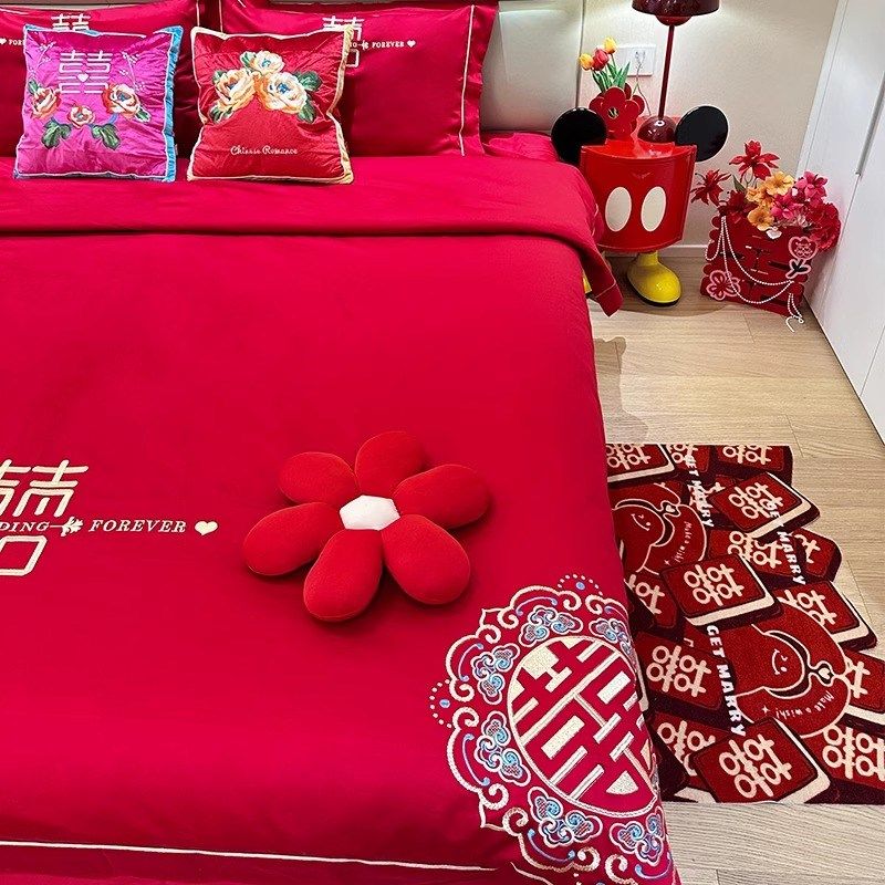 中式刺绣结婚f四件套大红色新婚床单被套纯棉婚庆床上用品婚房喜,淘宝优惠券,粉丝福利购,淘宝优惠卷