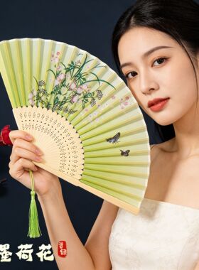 折扇女式中国风复古风古装汉服舞蹈夏季随身日式和风扇小绢布扇子