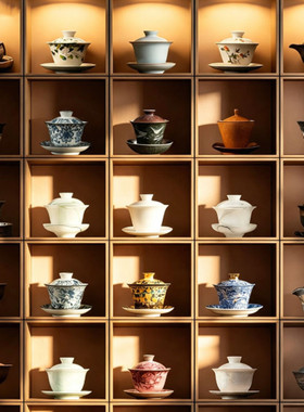 中式茶楼茶室博古架茶具摆件宋代美学复古盖碗茶壶茶杯组合软装饰