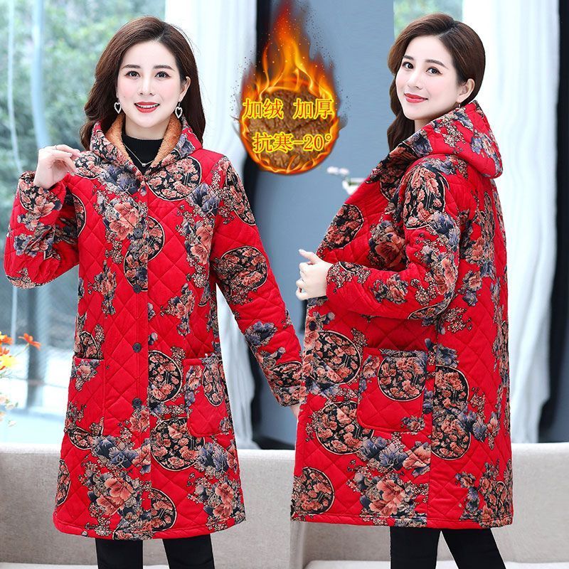 四川省服妈妈冬新款印花棉大衣中年女士洋气连帽加绒加厚棉衣外套 - 图1