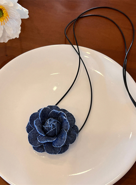 棉左女法式小香风牛仔花朵颈链