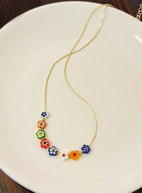 棉左女彩色琉璃花朵串珠项