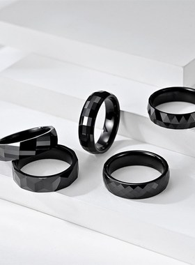 菱形龟面简约批角氧化锆陶u瓷男女戒指 中性潮流反射线条黑色指环