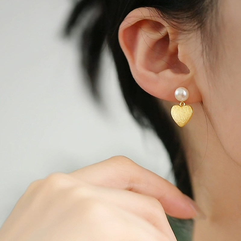 珍氏珠宝天然淡水珍珠耳钉女款磨砂拉丝爱心法式精致甜美耳坠耳饰,淘宝优惠券,粉丝福利购,淘宝优惠卷