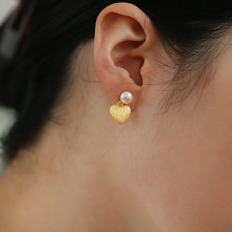 珍氏珠宝天然淡水珍珠耳钉女款磨砂拉丝爱心法式精致甜美耳坠耳饰,淘宝优惠券,粉丝福利购,淘宝优惠卷
