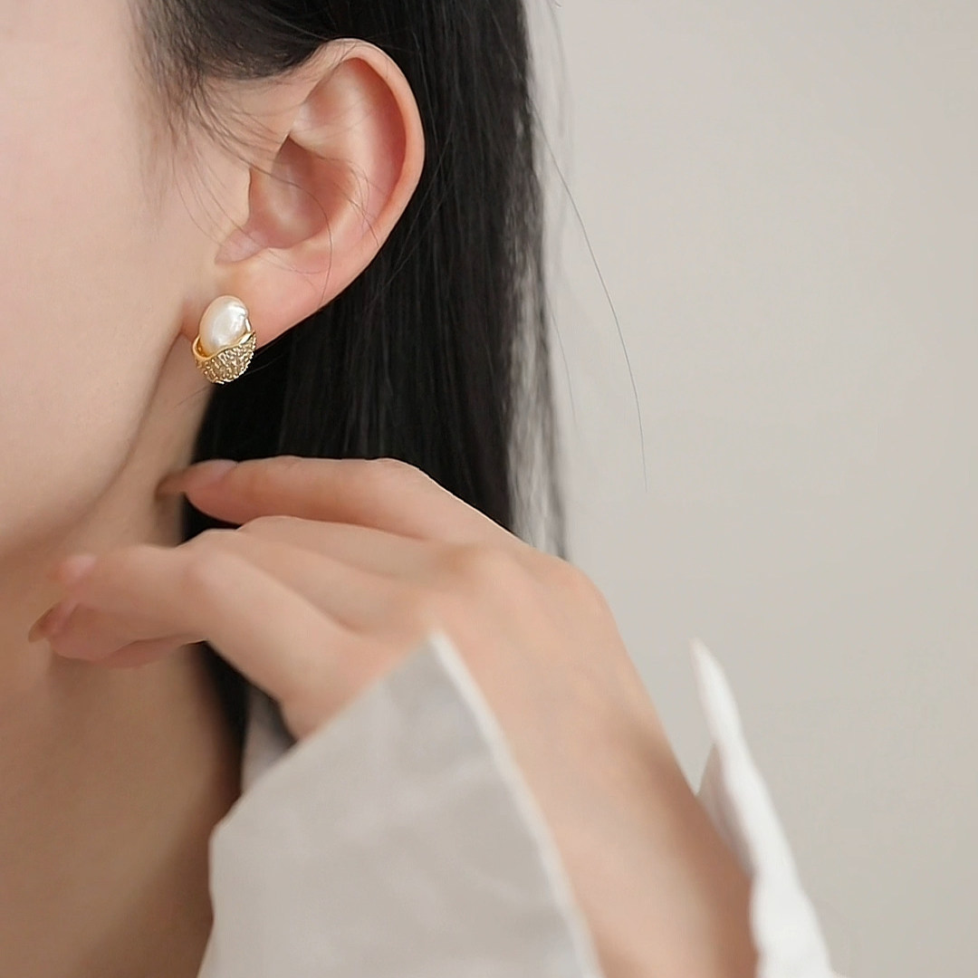 珍氏珠宝天然淡水珍珠耳钉女款 异形巴洛克蛋壳复古气质耳环耳饰,淘宝优惠券,粉丝福利购,淘宝优惠卷