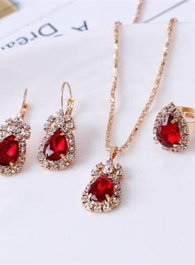 Elegant Fashion Crystal 3 Pieces Necklace Earrings Ring Set