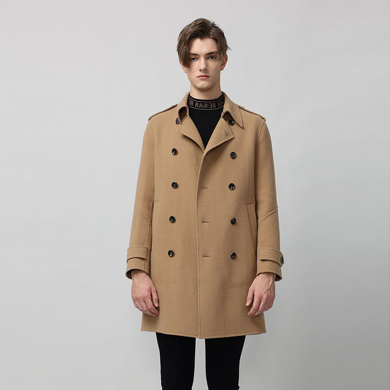 RARE威雅男装奥莱秋冬男士卡其色双面呢双排扣风衣型长款大衣,淘宝优惠券,粉丝福利购,淘宝优惠卷