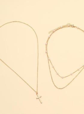 Cross pendant necklace人造珍珠锁骨炼十字吊坠覆古多层叠戴项炼
