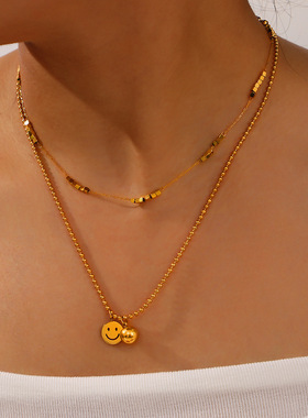 法式设计款蝴蝶结罗马圆牌项链女轻奢百搭钛钢镀金锁骨链配饰