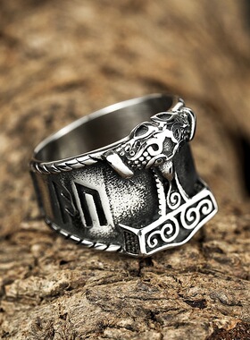 欧美饰品钛钢戒指不锈钢嘻哈风戒指北欧维京Fn托尔雷神锤