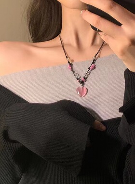 「冰糖甜心」ins韩国小众甜美清新猫眼爱心吊坠项链女短锁骨颈链