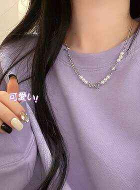 ins风小众休闲珍珠蝴蝶结项链女短锁骨链甜美气质时尚吊坠颈链韩