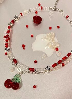 「头号甜妹」韩版可爱少女樱桃串珠项链女夏短时尚百搭锁骨链颈链