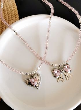 ins韩国清新甜美串珠蝴蝶结爱心项链女吊坠小众时尚百搭锁骨颈链