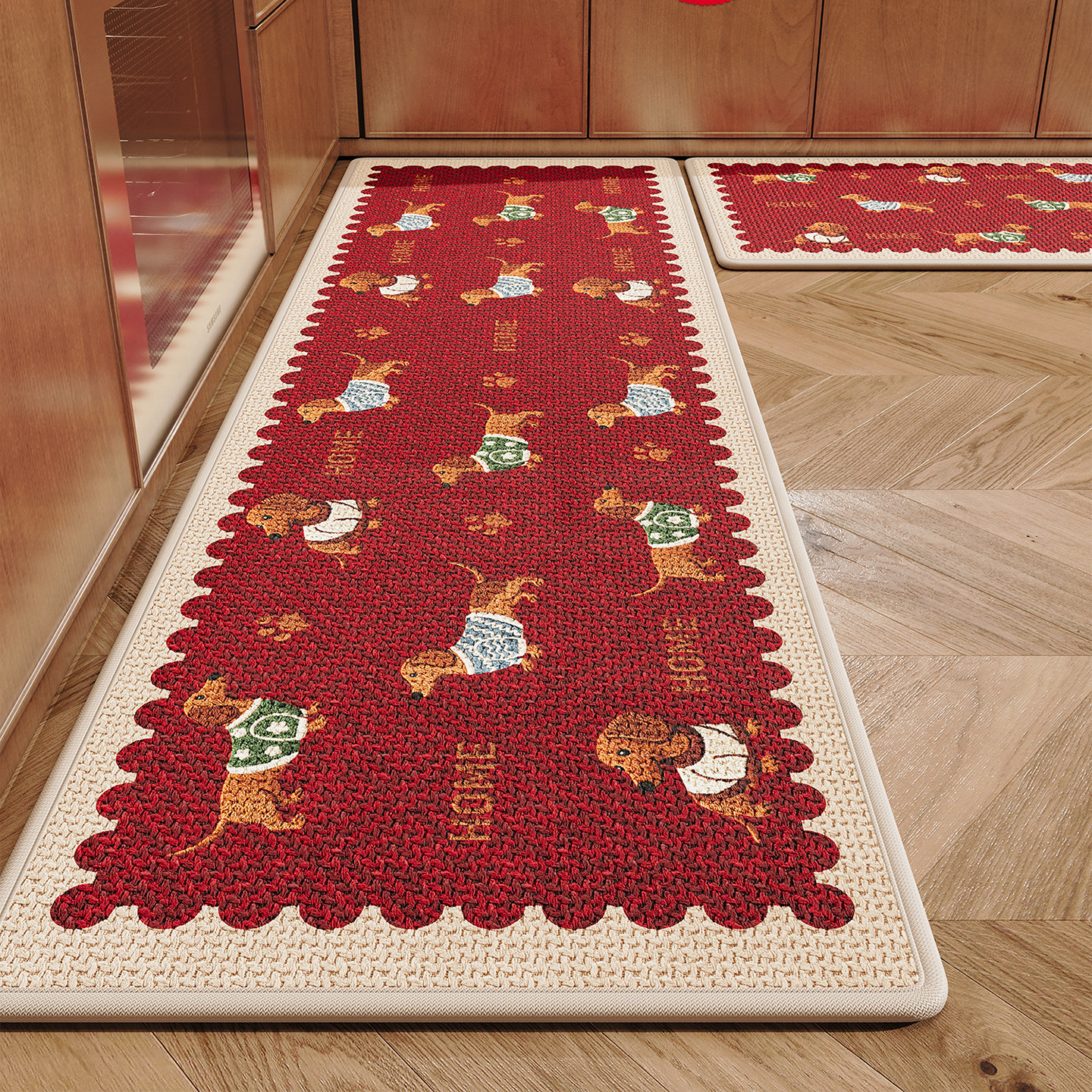 红色卡通厨房地垫防滑脚垫子高级感家用长条吸水速干耐脏免洗地毯,淘宝优惠券,粉丝福利购,淘宝优惠卷