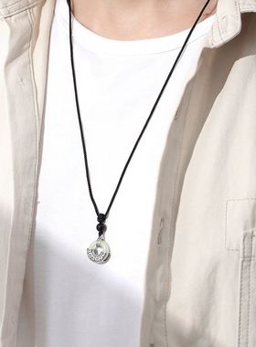 玄学天然和田玉平安扣吊坠S925银国风项链男泰银做旧复古小众饰品