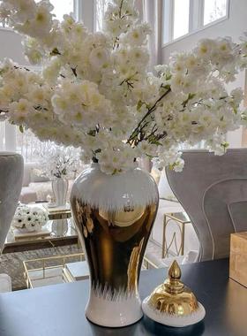 陶瓷轻奢电镀双耳罐欧式花插花瓶工艺品摆件玄关软装装饰储物罐