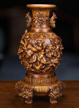 半手工雕刻花瓶摆件花开富贵木纹办公室装饰树脂工艺礼品