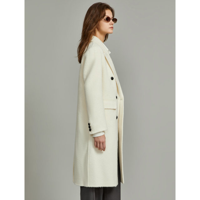 ELLE米白色中长款气质小众毛呢外套女2025冬装新款高端双面呢大衣