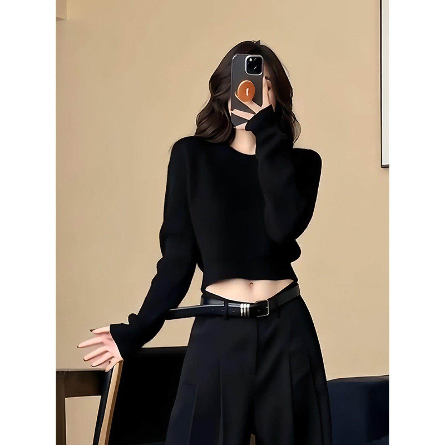 小个子短款不起球黑色毛衣内搭女秋冬高级感收腰圆领针织打底毛衫,淘宝优惠券,粉丝福利购,淘宝优惠卷