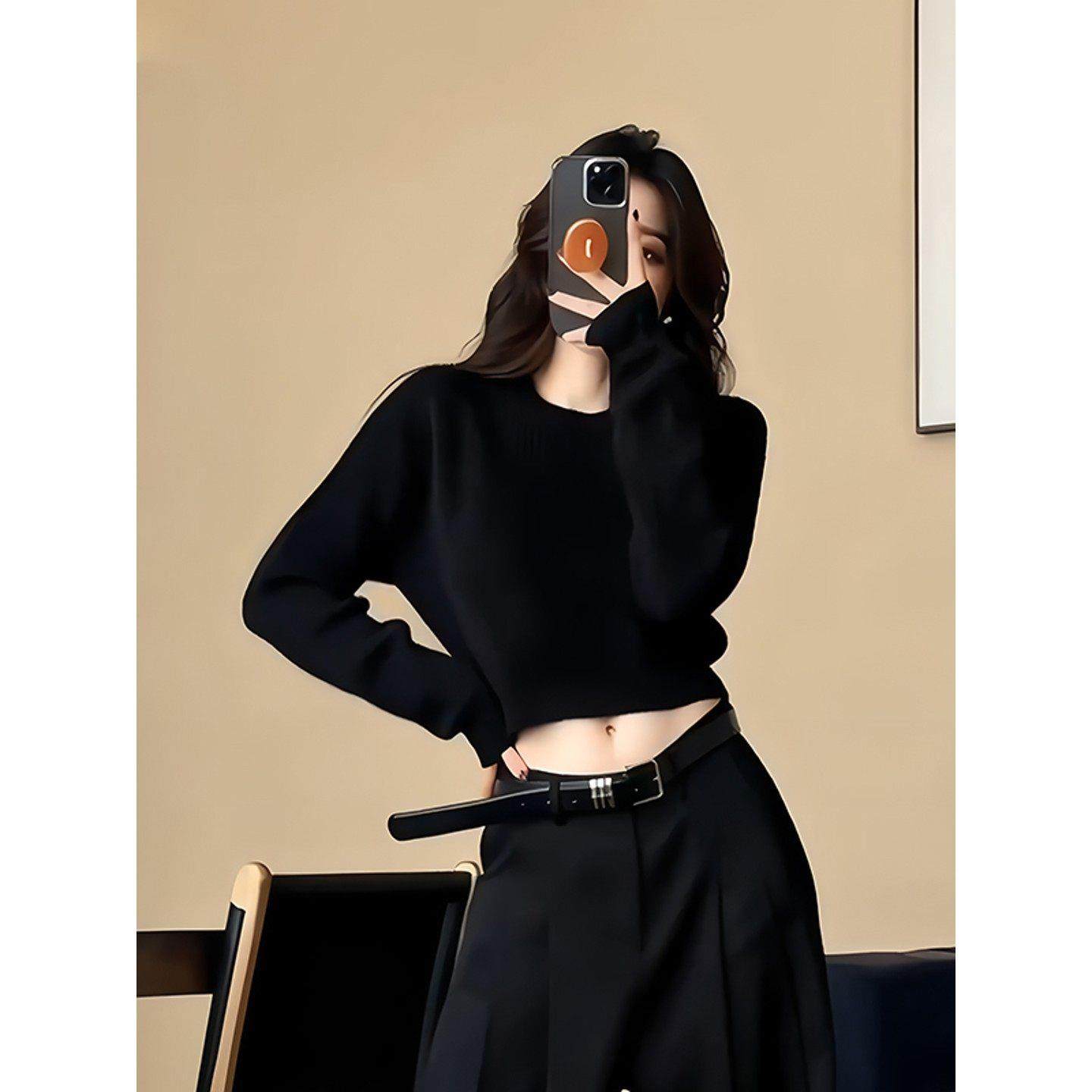 小个子短款不起球黑色毛衣内搭女秋冬高级感收腰圆领针织打底毛衫,淘宝优惠券,粉丝福利购,淘宝优惠卷